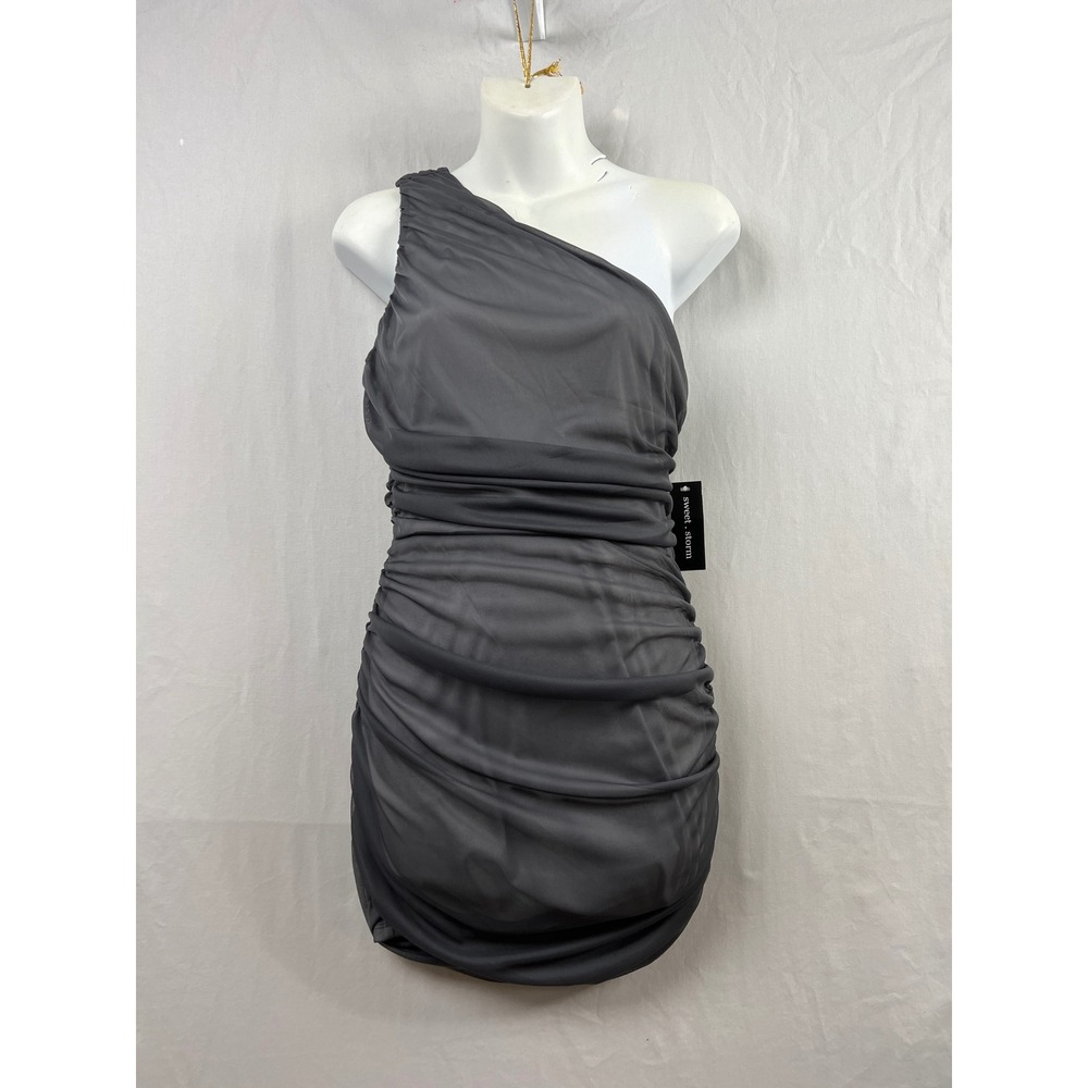 Sweet Storm Mini Dress Womens Medium Dark Grey One Shoulder Ruched Mesh Bodycon